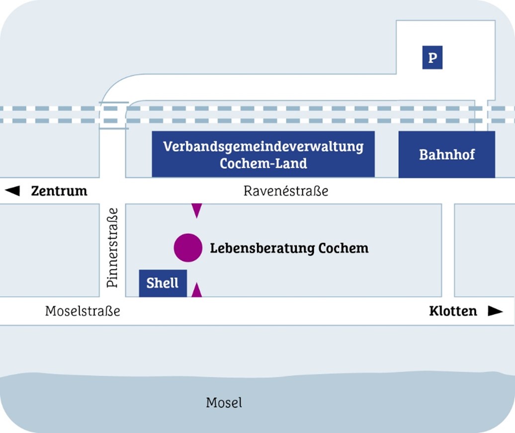 Sie sehen den Lageplan der Lebensberatung Cochem. Moseluferstraße 23 - Unsere Haustür Sie erreichen Sie im Hof, rechts neben der Shell Tankstelle